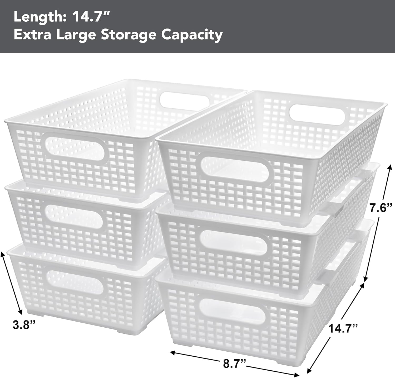 Stackable Woven Plastic Basket, Storage Bins for Cabinet, Closet, Shelf, Under Sink and Countertop, Pantry Organizer Bins, 6 Pack