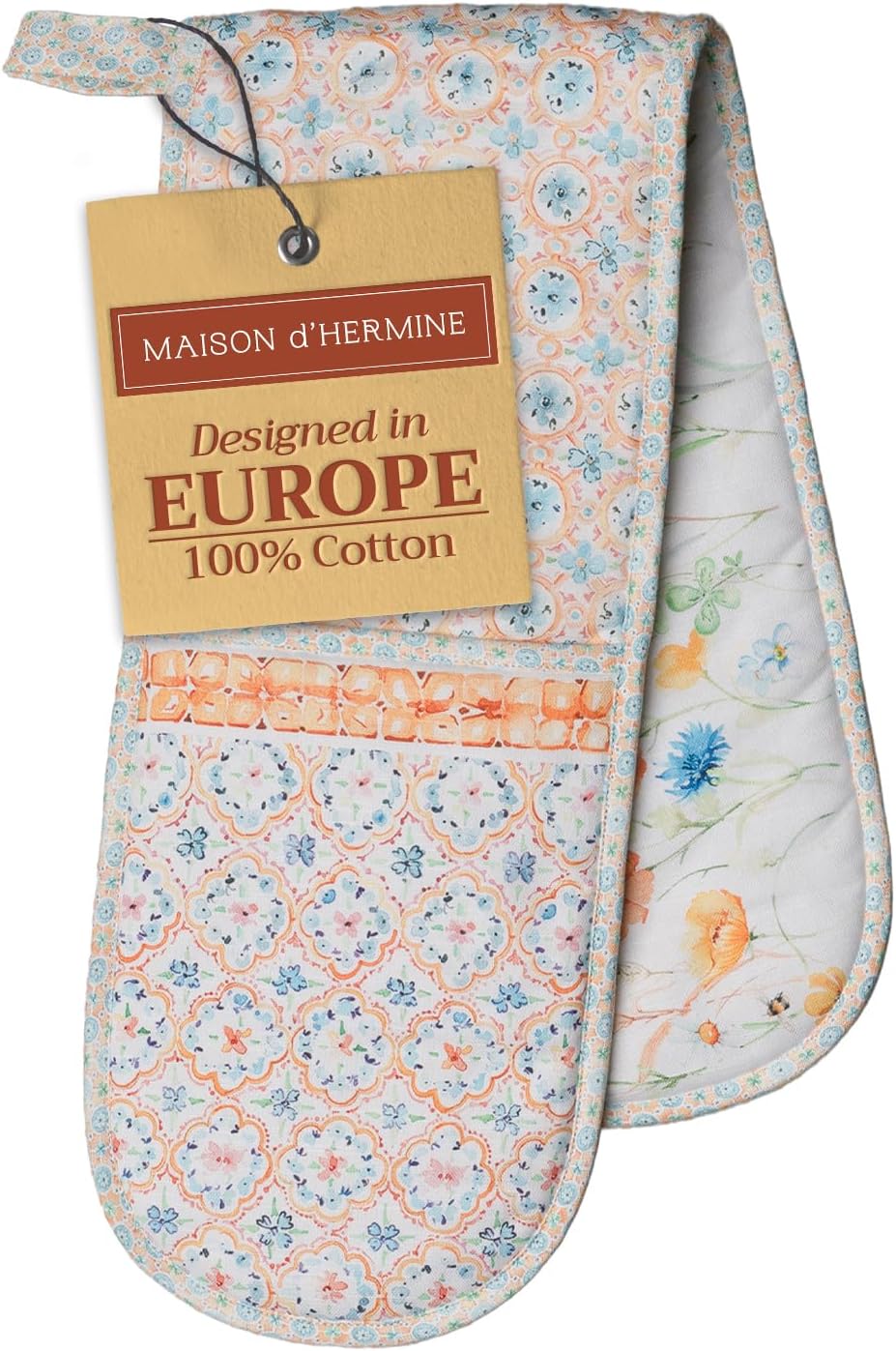 Maison d' Hermine Double Oven Mitts 100% Cotton 7"x35" Double Oven Mitt Heat Resistant BBQ Cooking Gloves with Loop, Baking, Grilling, Home, Kitchen, Handling Hot Pans Spring Summer (Summer Whisper)