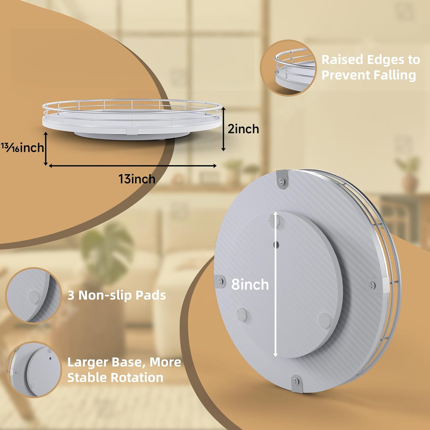 13" Lazy Susan Turntable Organizer for Table Top, Round Wooden Lazy Susan for Cabinet Kitchen Decor Centerpieces Coffee Table, Storage Condiments Spices, Bathroom Vanity Tray for Soap, White