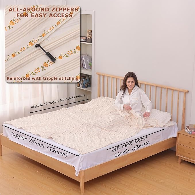 100% Cotton Sleeping Bag Liner with Full Length Zipper on 3 Sides; Single/Double Adult Sleep Sack for Travel & Camping, Multifunctional Travel Sheets (Unzipped 87”x87”) for Hotel, Lightweight