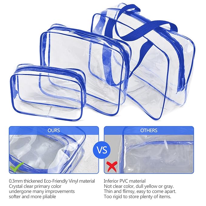 3Pcs Crystal Clear PVC Travel Toiletry Bag Kit for Women Men, Waterproof Vinyl Organizer Clear Makeup Bags with Zipper Handle Straps, Cosmetic Bag Pouch Carry on Airport Airline Compliant Bag Handbag