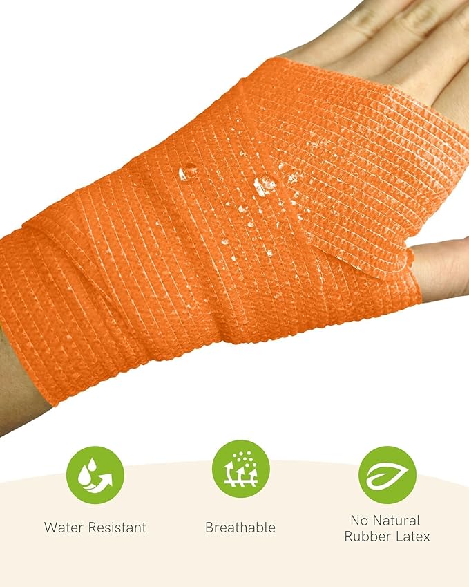 FriCARE Self Adhesive Bandage Wrap, Medical Tape in First Aid Kit, Cohesive Bandages for Wounds Sport Vet, FSA/HSA Eligible, 2 Inches X 5 Yards 6 Rolls, Orange