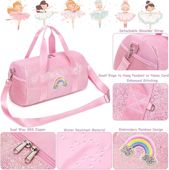 Dance Bag for Girls Ballet Bag Shiny Rainbow Glitter Sports Duffle Bag for Kids Girls Ballerina Duffle with Waterproof Dry Wet Separated Compartment