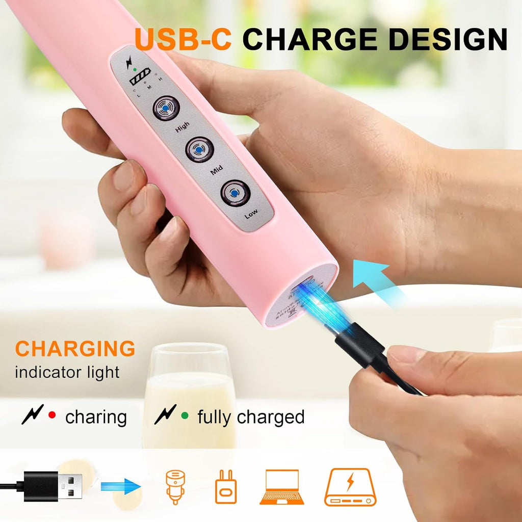 YUSWKO Pink Milk Frother Handheld with 3 Heads, Coffee Whisk Drink Foam Mixer with USB Rechargeable 3 Speeds, Electric Hand Frother for Latte, Cappuccino, Hot Chocolate, Egg