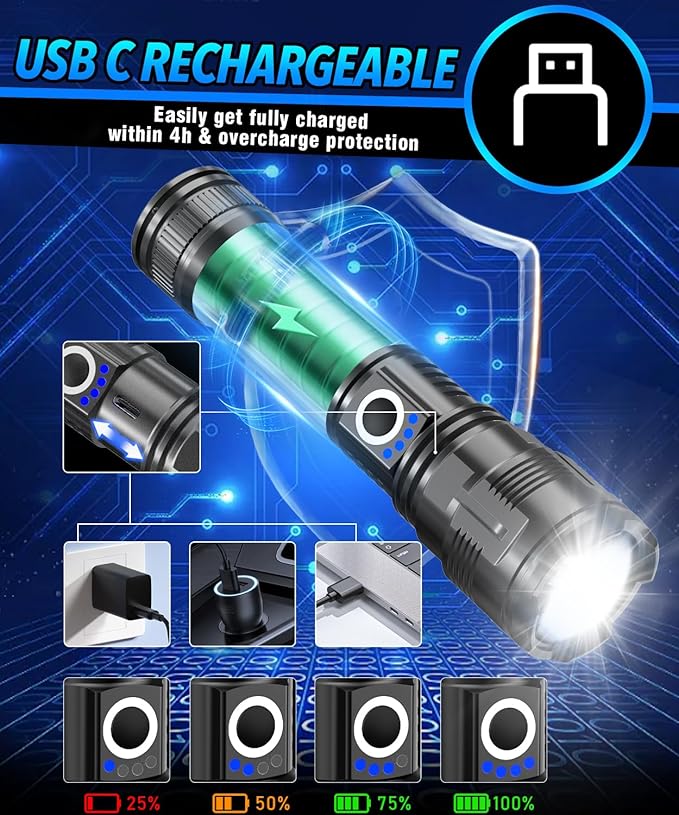 Flashlights High Lumens Rechargeable USB C Flash Light, Super Bright LED Flashlight with 10,000 Lumens, Long Beam 3280Ft, IPX5 Waterproof Tactical Flashlight Powerful for Emergency, Camping