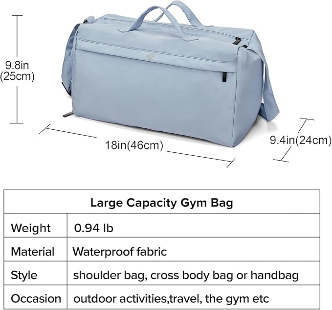 Sports Gym Bag for Women, Travel Workout Duffel Overnight Shoulder Bags with Shoes Compartment and Wet Pocket Lightweight Weekend Waterproof Blue