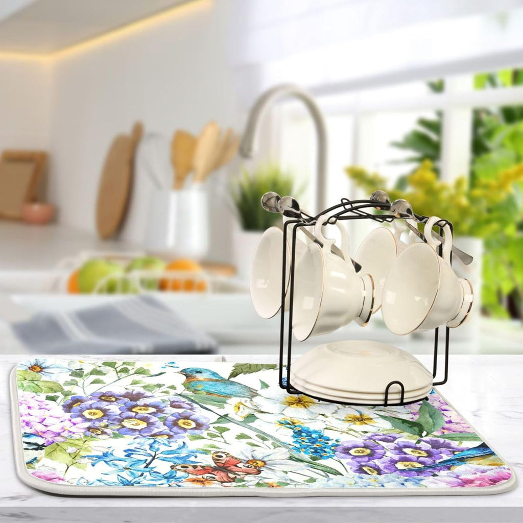 Flowers Birds Butterflies Dish Drying Mat for Kitchen Counter Absorbent Microfiber Drying Pad, Medium 16x18 in, Reversible Drainer Mats