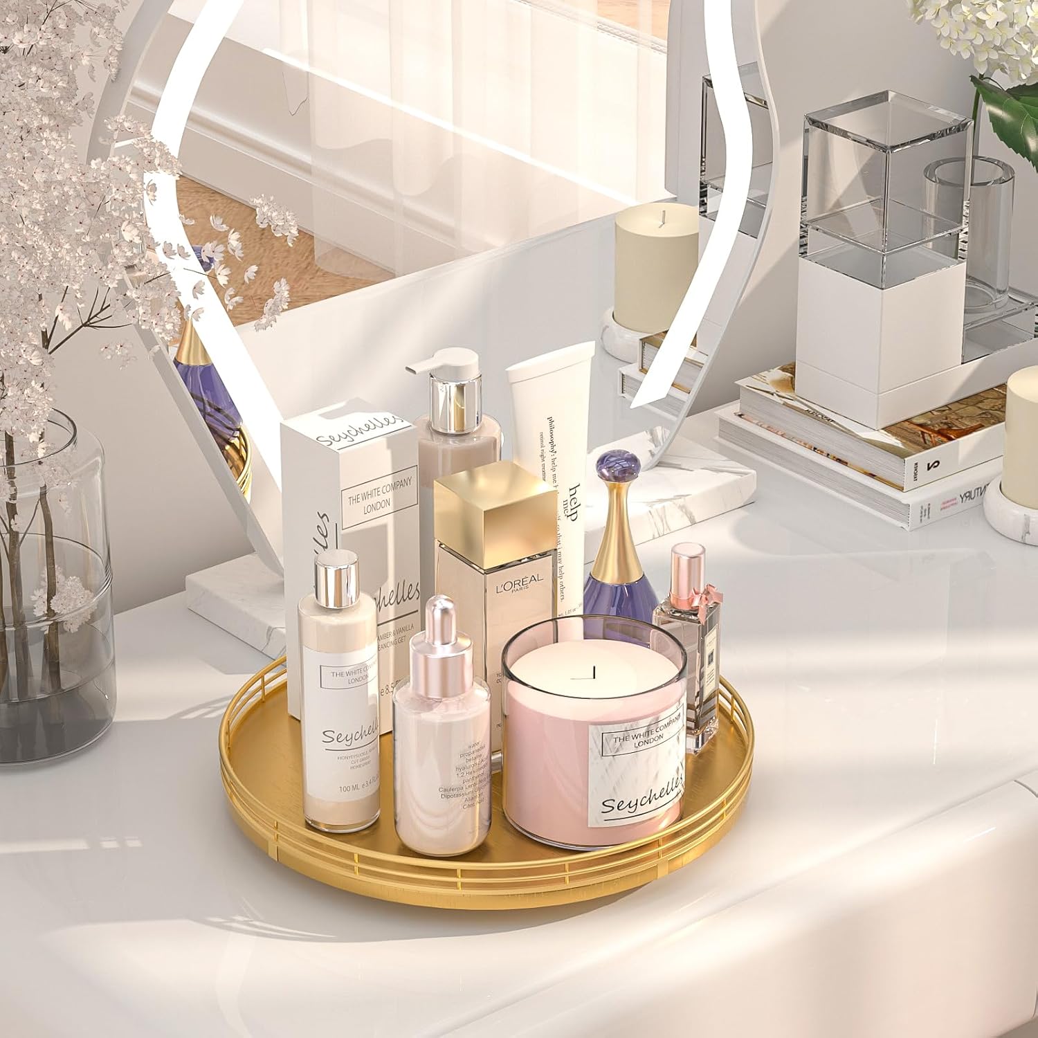 12" Gold Lazy Susan for Table Top, Oak Wood Lazy Susan Turntable Organizer for Dining Coffee Table Centerpiece Bar Decor Kitchen Countertop Bathroom Vanity Decorative Tray for Perfume Jewelry Round