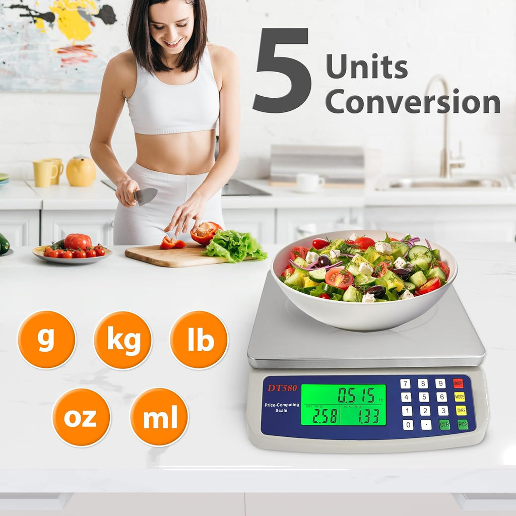 Large Digital Kitchen Scale 40kg/88lb Stainless Steel Price Computing Scale Counting Scale Deli Scale with LCD Display for Baking Bread Cooking Meat Prep Parts and Coins Adapter Included