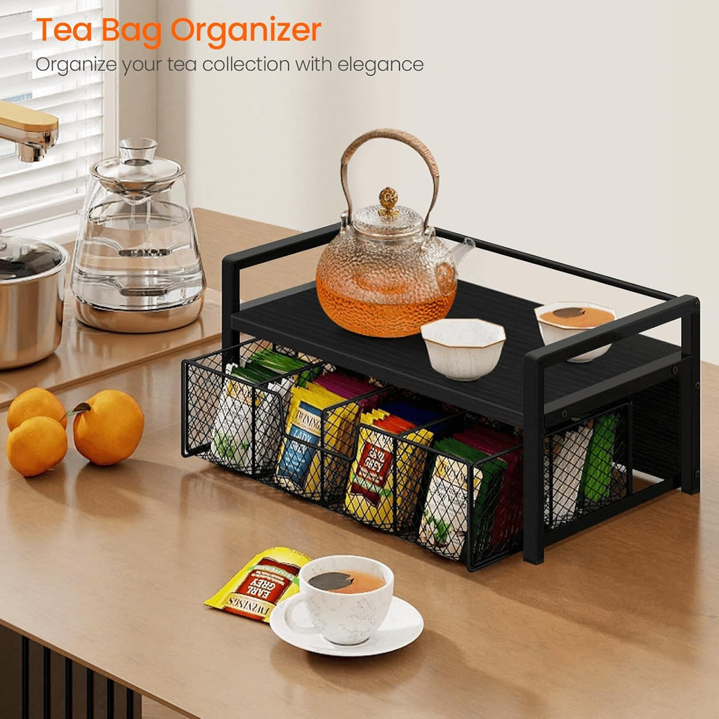 Homode Wood Tea Bag Organizer, Teabag Holder with Drawer, Tea Organizers and Storage Box, 8 Compartments Tea Caddy Station Chests Display Container for Counter Kitchen, Black