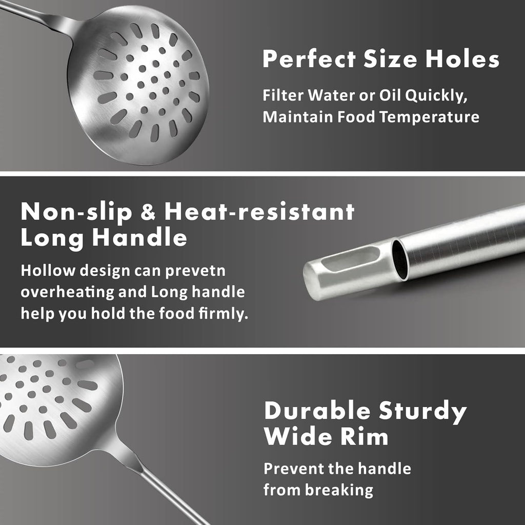 Yimi Cooking Skimmer Slotted Spoon, Durable 304 Stainless Steel Frying Strainer Ladle with Vacuum Ergonomic Handle, Heat Resistance Fryer Scoop Kitchen Utensil, Ideal for Gift, 14.8 Inches