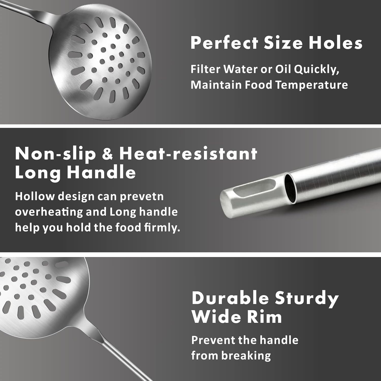 Yimi Cooking Skimmer Slotted Spoon, Durable 304 Stainless Steel Frying Strainer Ladle with Vacuum Ergonomic Handle, Heat Resistance Fryer Scoop Kitchen Utensil, Ideal for Gift, 14.8 Inches