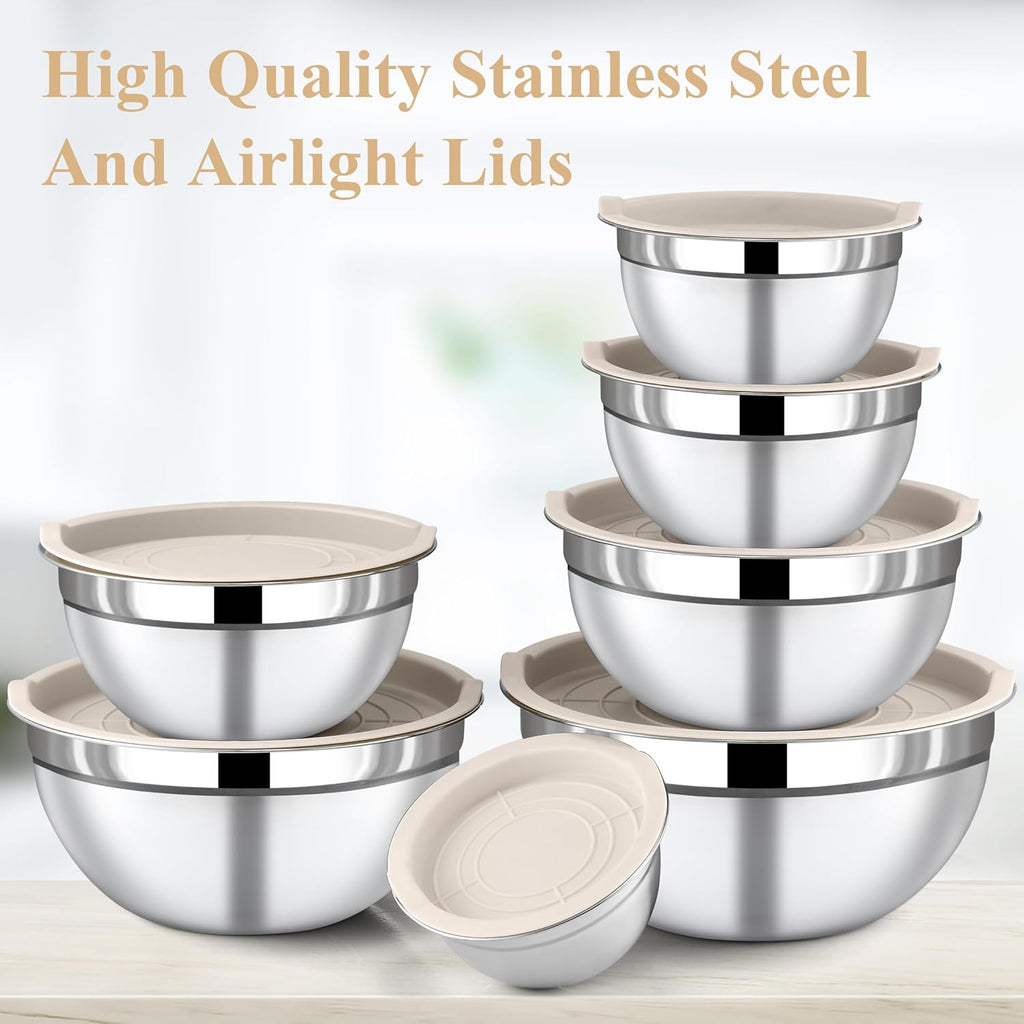 Mixing Bowls with Lids Set - 7 Piece Khaki Nesting Stainless Steel Mixing Bowls for Kitchen, Sizes 4.5, 4, 3.5, 2.1, 1.5, 1.1, 0.7 Qt for Baking, Cooking and Serving, Dishwasher Safe