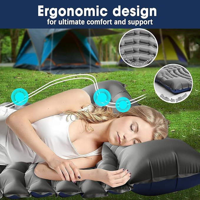 Double Sleeping Pad for Camping - Ultralight Camping Mattress with Pillow, Built-in Foot Pump, Compact Inflatable 2-Person Portable Mat for Backpacking, Hiking, Car Traveling, Beach, Tent