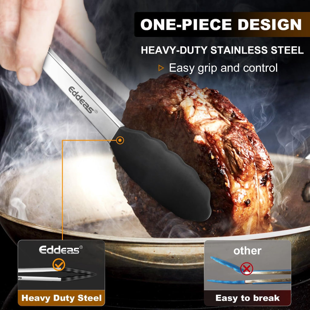 Kitchen Tongs with Silicone Tips, Heat Resistant 600 Degrees All Metal handle Locking Tongs For Cooking with Rubber Tips, Heavy Duty Stainless steel Food Tongs, Set of 3-7" 9" & 12" Black