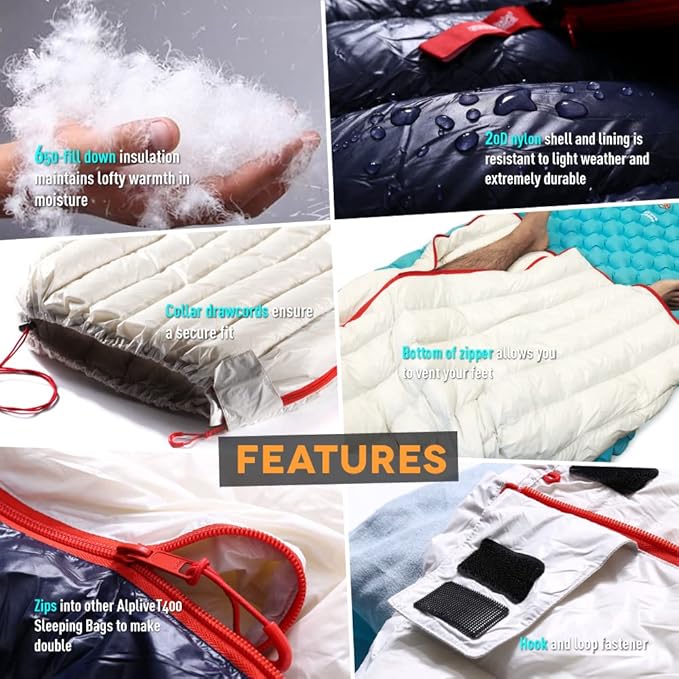 ZOOOBELIVES Ultralight Backpacking 32-50F Down Sleeping Bag - 27oz Ultra Compact 650 Fill Power Envelope Sleeping Bag for Hiking, Camping and Backcountry, Lightweight and Compressible – Alplive T400