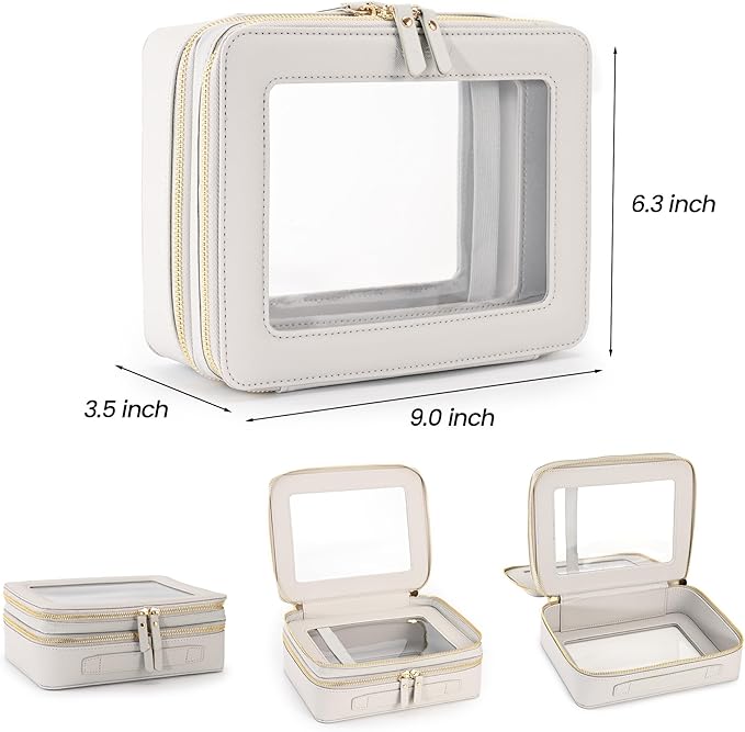 Aveniee Clear Makeup Bags, Double Layer Cosmetic Bags with a Separate Brush Compartment, Large Travel Toiletry Bag Skincare Train Case for Women, Travel Accessories Organizer(2 Layers Large, Grey)