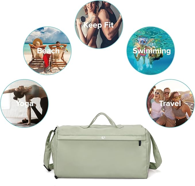 Sports Gym Bag for Women, Travel Workout Duffel Overnight Shoulder Bags with Shoes Compartment and Wet Pocket Lightweight Weekend Waterproof Mint Green