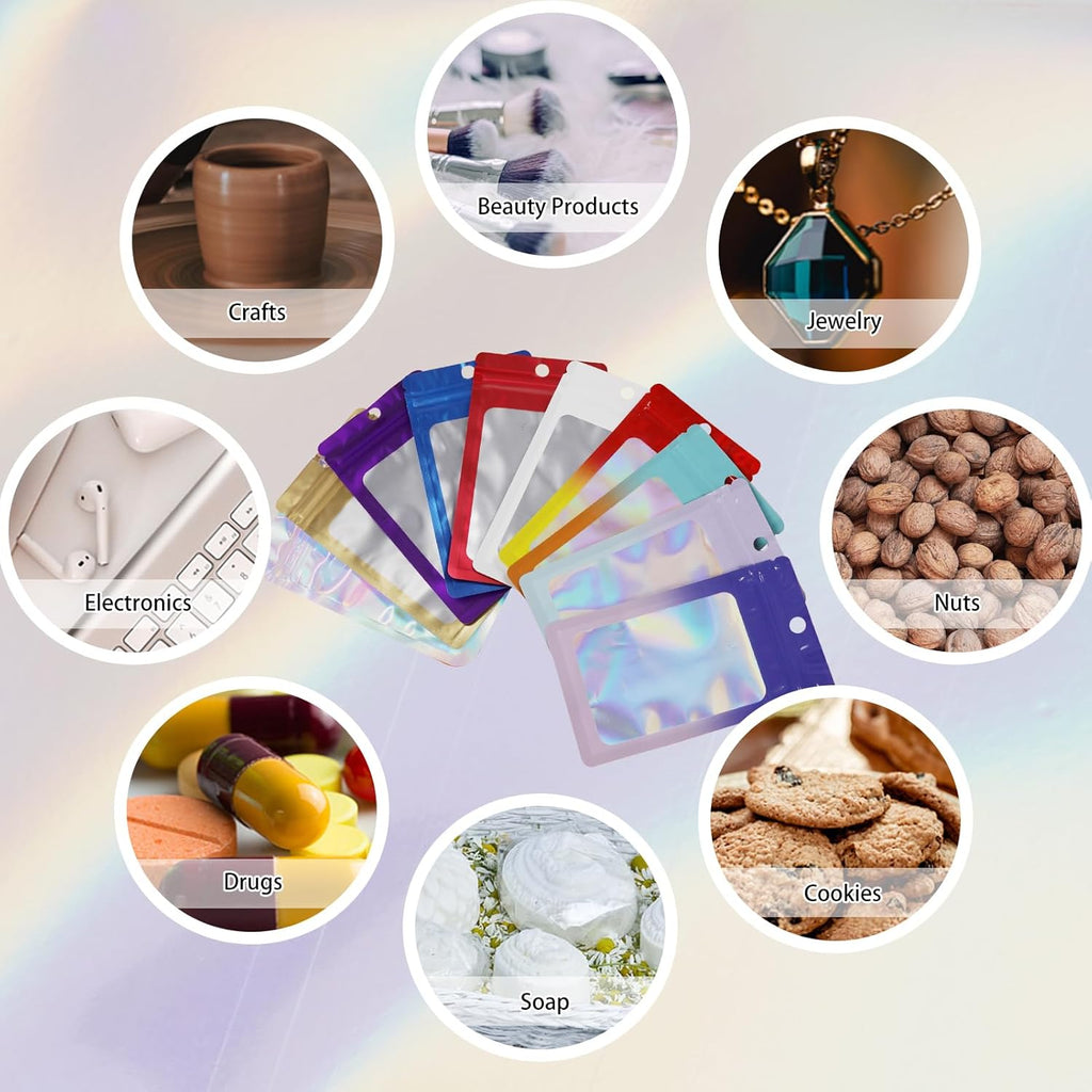 200 Pack Resealable Mylar Holographic Bags Food Storage Smell Proof Bags with Front Window Foil Packaging Pouch for Candy Sample Jewelry Small Business 3.54×6.29 Inch, Red