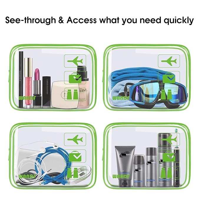 TSA Approved Clear Travel Toiletry Bag wih Zippers Carry-on Travel Accessories Quart Size Toiletries Cosmetic Pouch Makeup Bags for Men and Women (2pcs Green)