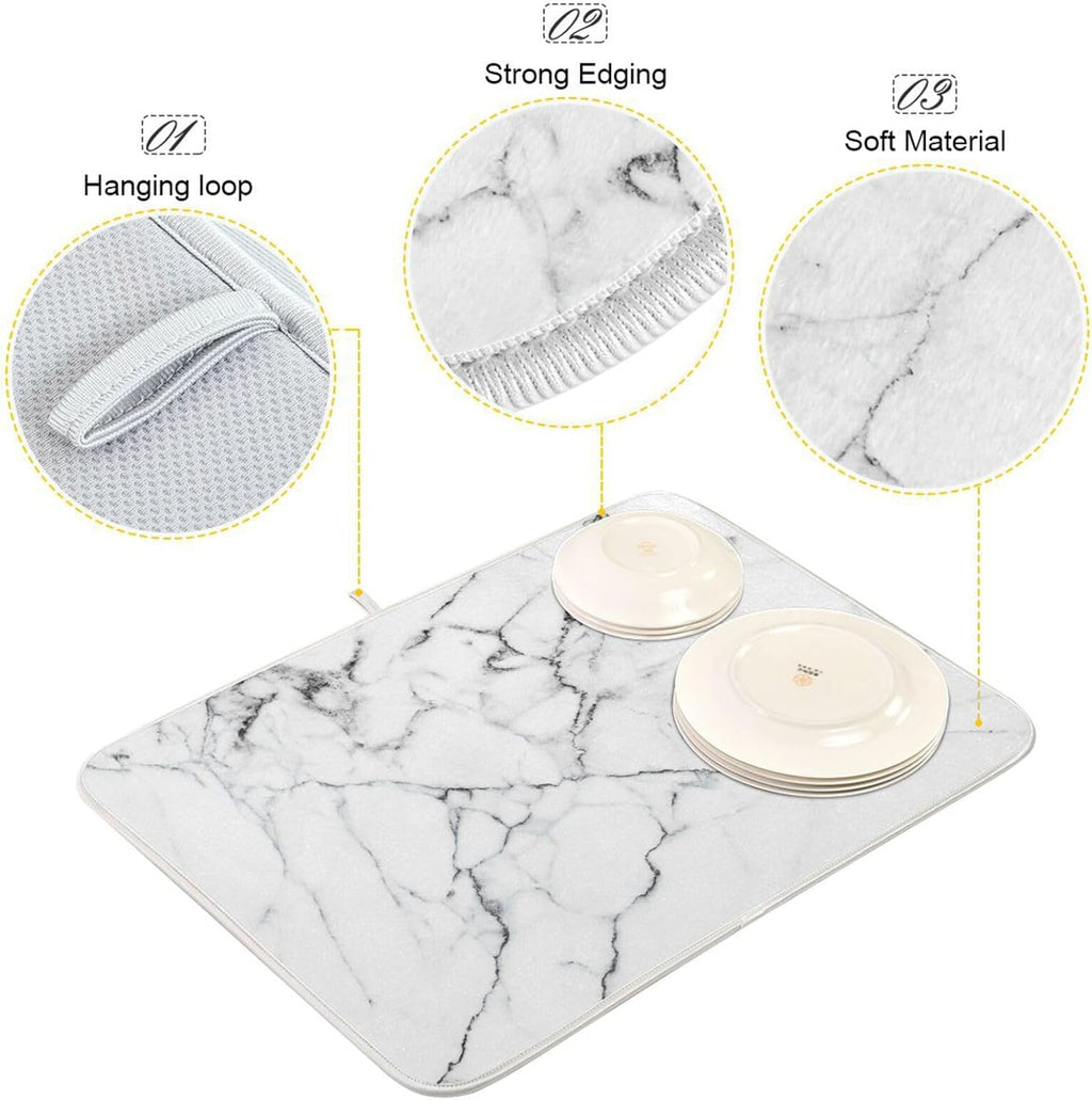 White Grey Marble Dish Drying Mat for Kitchen Counter Absorbent Microfiber Drying Pad, Large 18x24 in, Reversible Drainer Mats