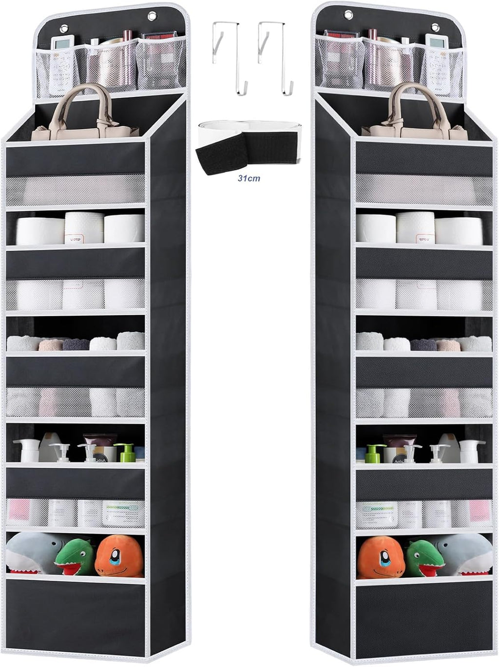 Over the Door Organizer Storage - 6 Tier Hanging Storage shelves Door Organizer with Pockets, Anti Tilt 44 lb Load Behind Door Organizer for Bedroom,Nursery,Bathroom,Kitchen,Dorm,Shoe - 1 Pack, Black