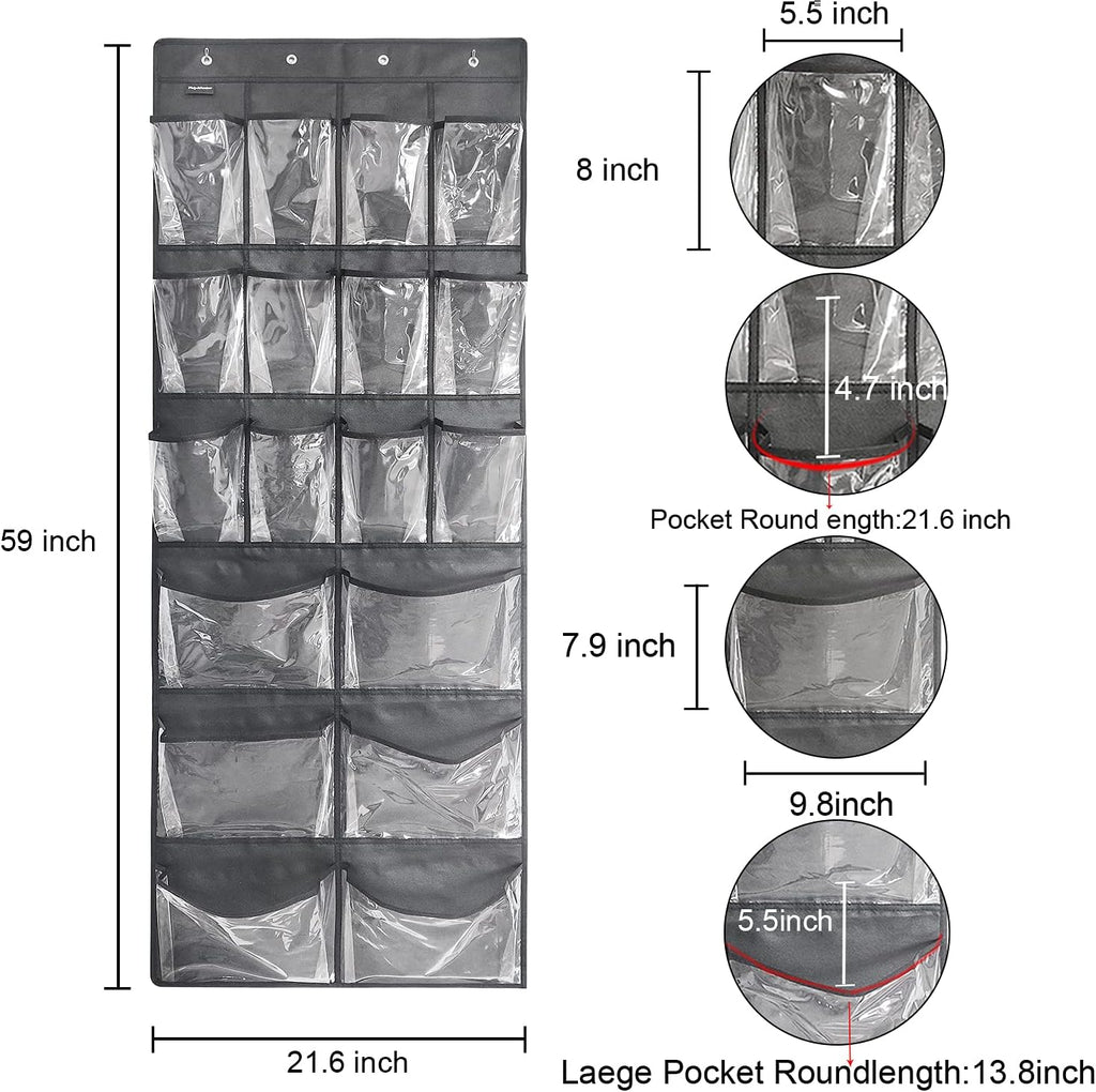 Extra Large Hanging Over Door Shoe Organizer, Closet Shoe Rack - 12+6 Crystal Pockets, 4 Hooks, Black (59"x 21.6")