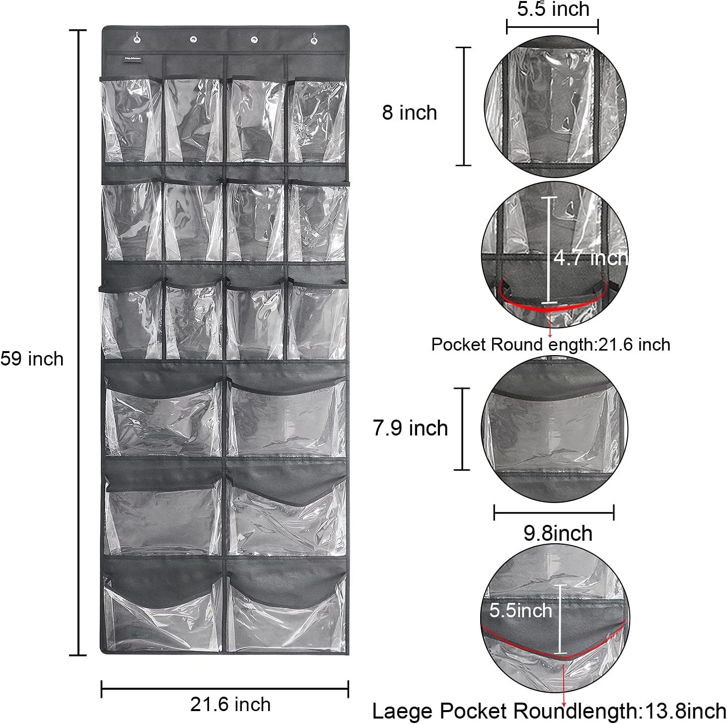 Extra Large Hanging Over Door Shoe Organizer, Closet Shoe Rack - 12+6 Crystal Pockets, 4 Hooks, Black (59"x 21.6")