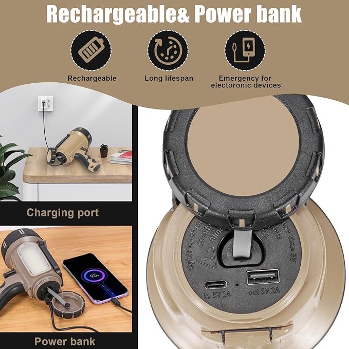 Super Bright Rechargeable Spotlight Handheld Rechargeable LED Flashlight Tactical Searchlight with USB Output 6 Light Modes Camping Light (Grey)