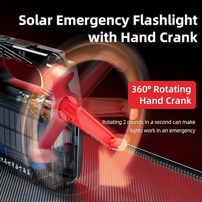 WARSUN Hand Crank Solar Powered Flashlight, Emergency Rechargeable LED Flashlight, Survival Flashlight with 6 Modes, 600 Lumens, Up to 20 Hours of Runtime, Great for Outdoor, Camping, Hiking, Fishing
