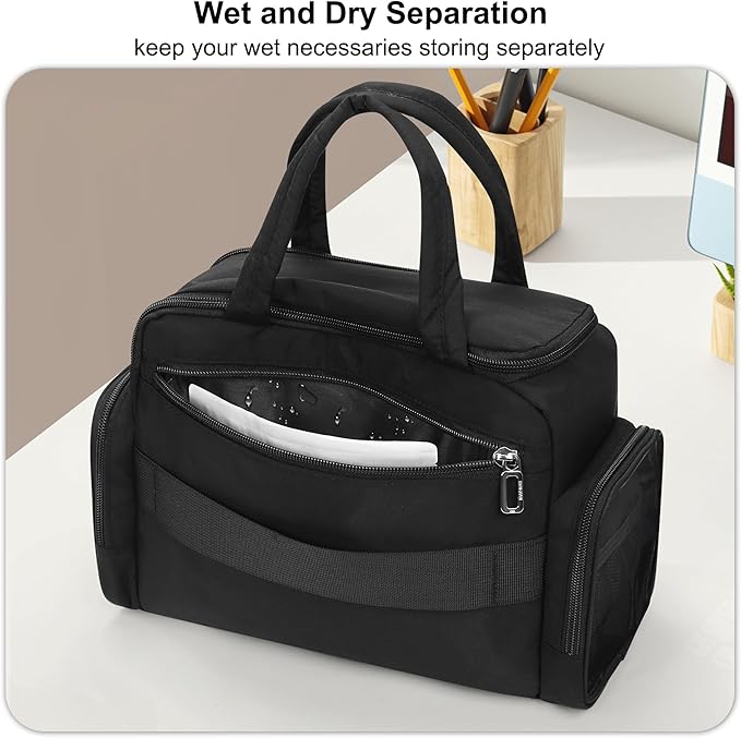 Travel Toiletry Bag for Women, Lightweight Wide-open Toiletries Travel Bag with Handle, Large Cosmetic Organizer with Makeup Brushes Compartment for Essentials for Trip, Camping - Black