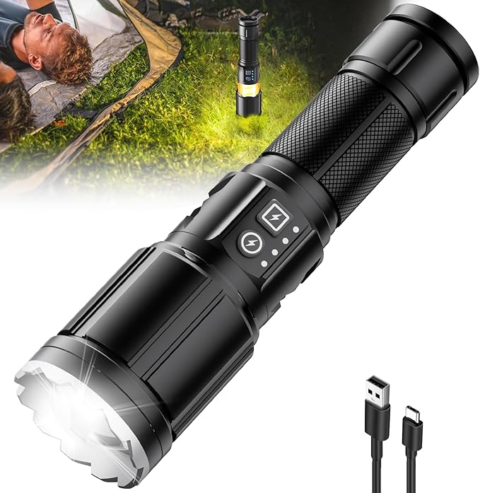 Flashlights 1000 High Lumens with Camping Lanterns, Rechargeable Flashlight for Camping Essentials, Super Bright FlashLights, 8 Modes, Survival Kits for Outdoor Home Emergency Power Outages Hiking