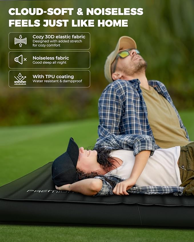 KingCamp Double Sleeping Pad, 2 Person Queen R 7.9 Self Inflating Sleeping Pad, 3" Ultra Thick Full Size Foam Mattress Mat with Pump Sack for Camping Outdoor Tent Car, PVC Free (Black)