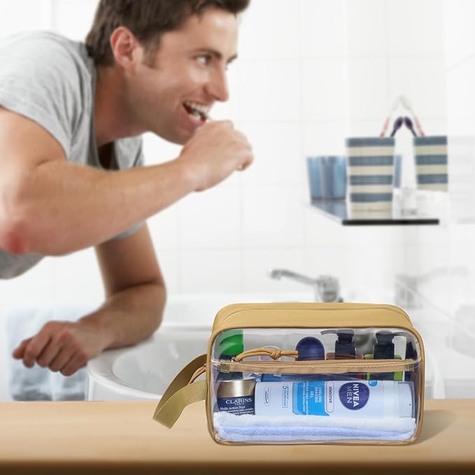 TACTICISM Clear Toiletry Bag for Men - Large Capacity Travel Bag with Handle, See Through Bag with 2 Pockets, Brown