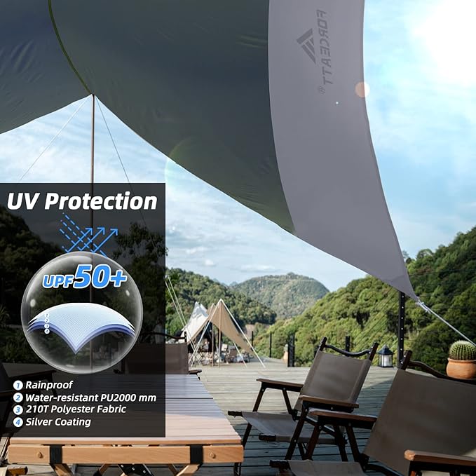 Forceatt 12x14FT Waterproof Anti-UV Camping Tarp with 2 Poles (UPF50+), Lightweight Sun Shelter for Car, Tent, Hammock in Hiking, Backpacking, Garden and Traveling