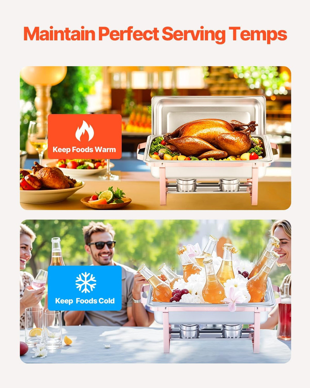 VEVOR Chafing Dish Buffet Set, 8 Qt 2 Pack, Stainless Steel Chafer with 2 Full Size Pans, Rectangle Catering Warmer Server with Lid Water Pan Stand Fuel Holder, for Wedding Party Banquet, Rose Gold