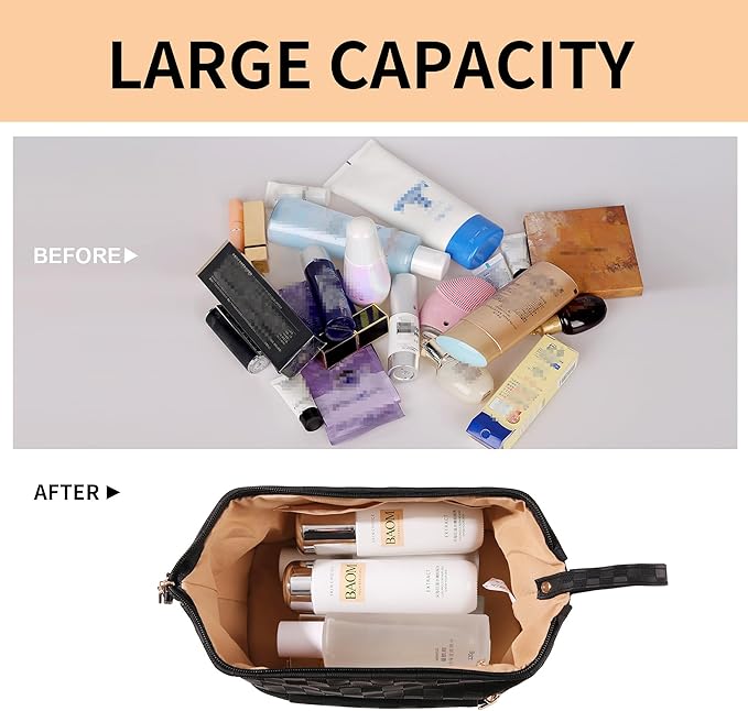 Abiudeng Large Capacity Makeup Bag Ladies Cosmetic Bag Travel Bag with Compartments Portable PU Leather Travel Makeup Bag with Handle