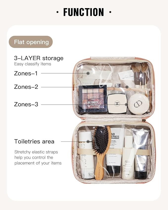 EACHY Travel Toiletry Bag with Hanging Hook, Portable Makeup Cosmetic Bags for Women, Water-Resistant Full-Size Travel Accessories (Pink)