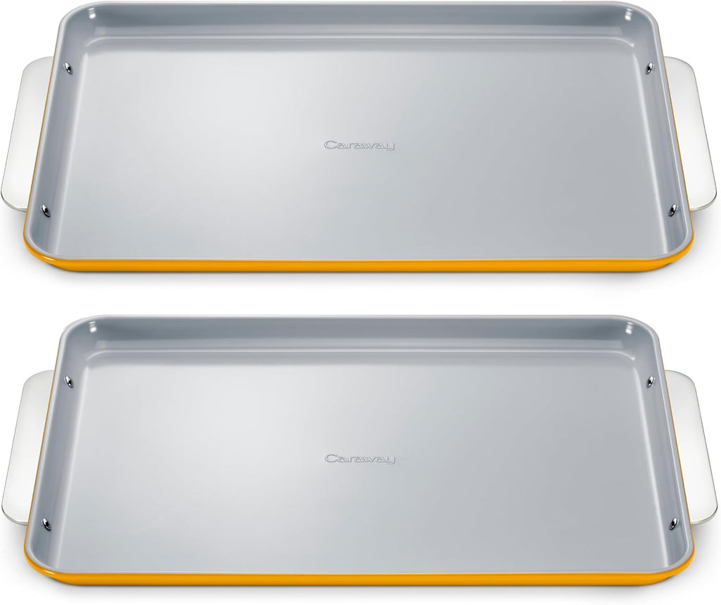 Caraway Non-Stick Ceramic Large Baking Sheet Duo - Naturally Slick Ceramic Coating - Non-Toxic, PTFE & PFOA Free - Perfect for Baking, Roasting, and More - Large (18" x 13") - Marigold