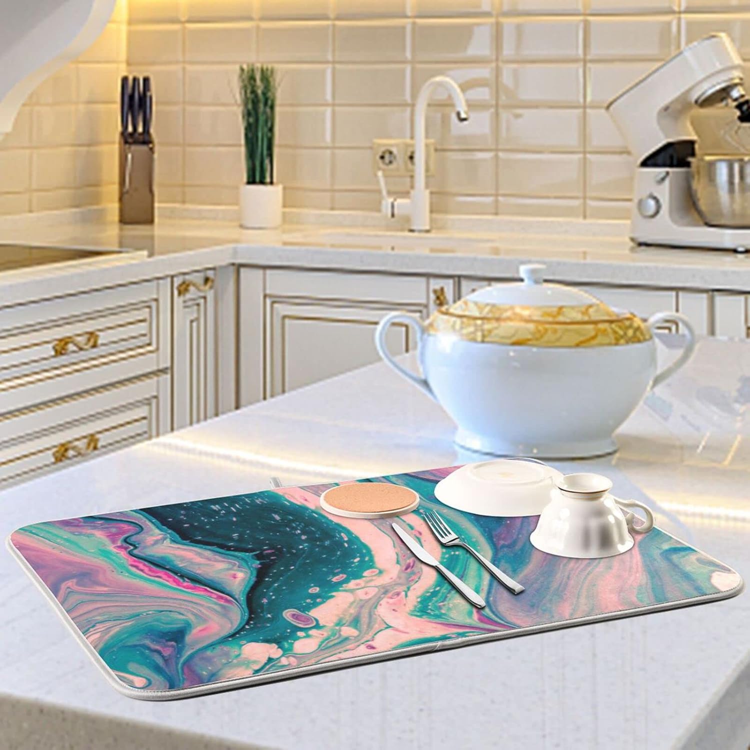 Super Absorbent Dish Drying Mat, Microfiber Fast-Drying Dish Mat, 24" x 18", Kitchen Dish Drying Pad, Marble Pink Green