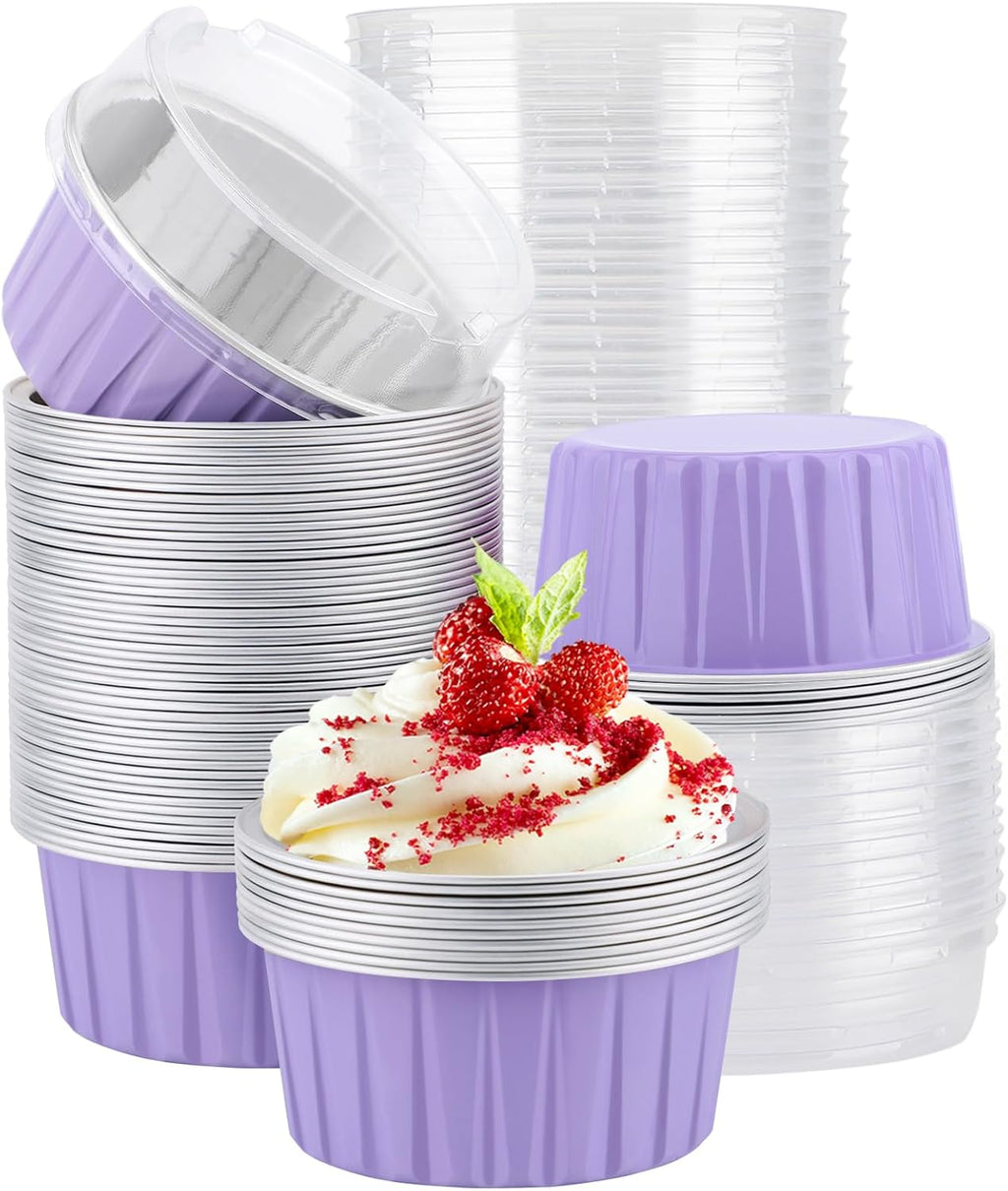EUSOAR Disposable Ramekins, 60pcs 5oz Aluminum Cupcake Baking Cups Reusable, Mini Muffin Cups Cupcake Liners with Lids, Creme Brulee Containers Mold Tin, for Party Family Gathering Shower Catering