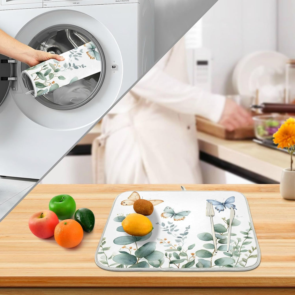 Spring Eucalyptus Green Leaf Dish Drying Mat for Kitchen Counter Absorbent Microfiber Small Drying Pad Dish mats for Kitchen Countertops 16 x 18 Inch