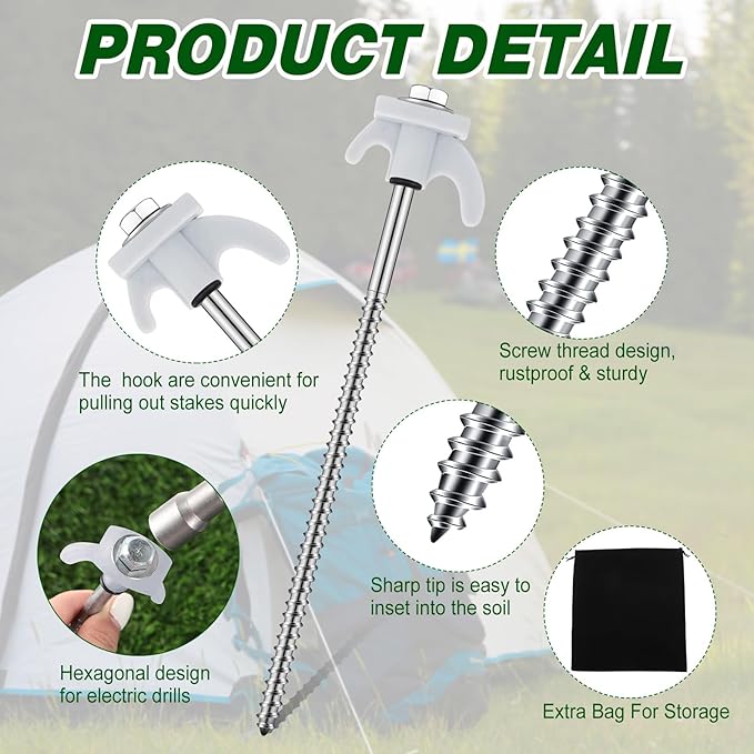 20 Pcs 8" Screw in Tent Stakes Heavy Duty Tent Stakes Drillable Ground Anchors Screw Metal Tent Pegs Threaded Tent Spikes with Head Driver for Swing Inflatable Decor (White)