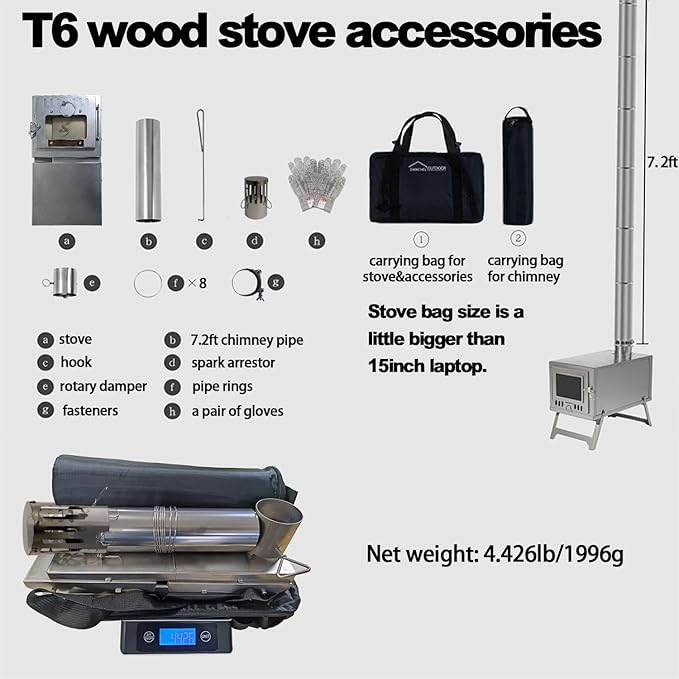 DANCHEL OUTDOOR T6 Ultralight Titanium Wood Stove for Camping Backpacking, 4.4lbs Folding Hot Tent Stove with 7.2ft Chimney Pipe, Easy Setup for Solo Survival, Cooking