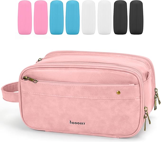 Travel Toiletry Bag for Women, Large Hanging Toiletries Organizer Bags for Man, Cruise Ship Essentials, Water-resistant Shaving Case, PU Leather Makeup Accessories, Cosmetic Dopp Kit, Pink