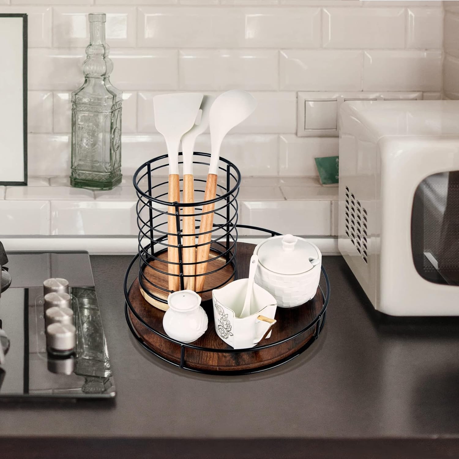 12 Inch Wood Lazy Susan, Rustic Brown Turntable Organizer with Steel Frame, 360 Degree Decorative Turntable for Countertop or Centerpieces