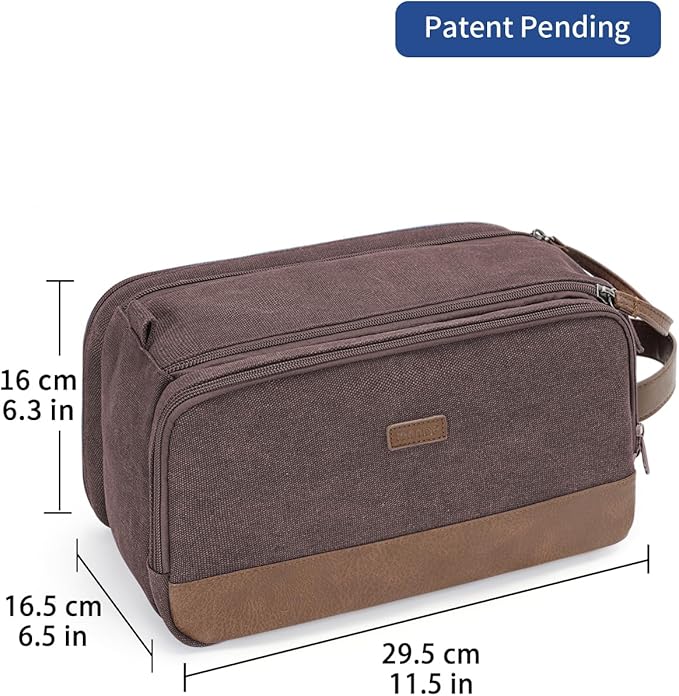 WANDF Toiletry Bag for Men Travel Toiletry Organizer Canvas and Leather Dopp Kit Water-Resistant Shaving Bag for Travel Accessories (Brown, Patent Pending)