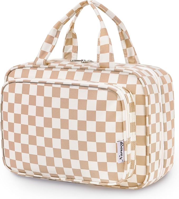 Travel Toiletry Bag for Women Large Hanging Makeup Bag Organizer Toiletries Bag for Full Size Essentials Accessories Cosmetics (Light Checkerboard (Large))
