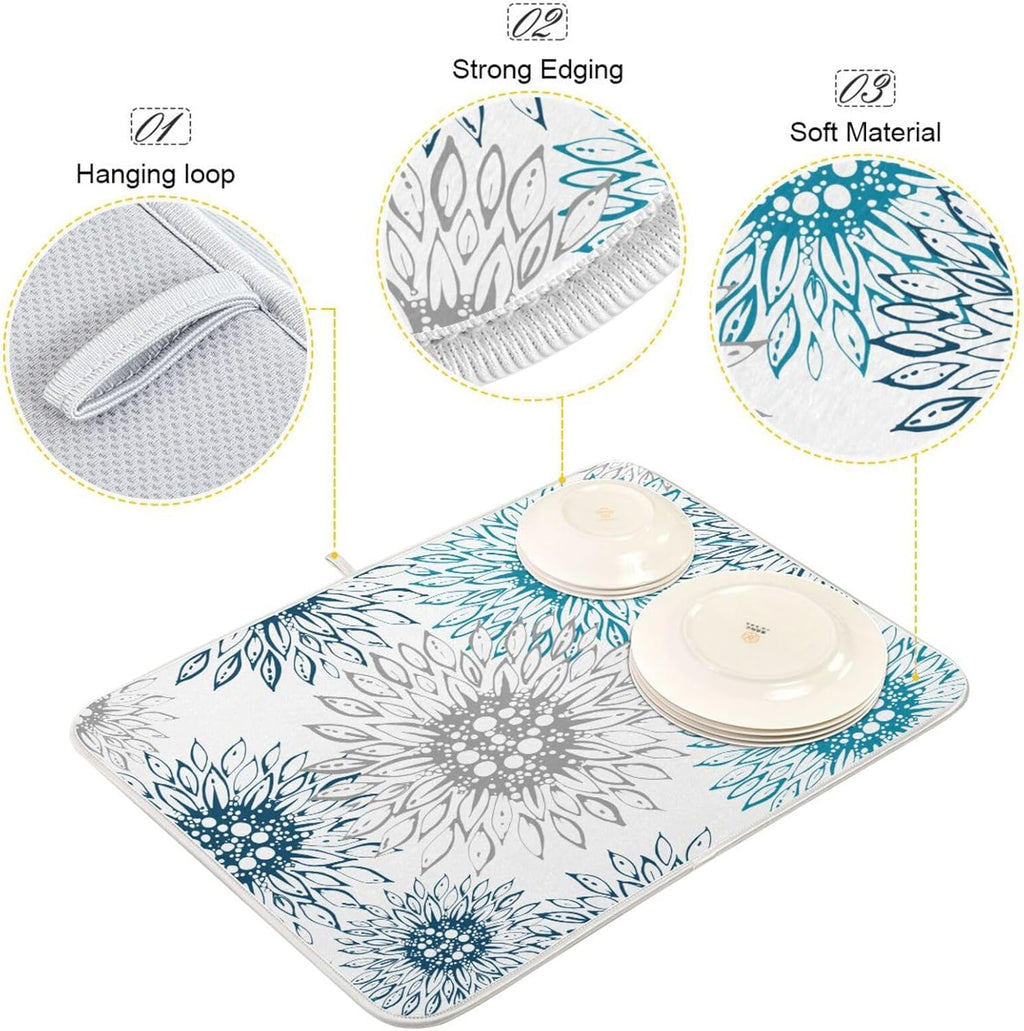 Abstract Flowers Sunflowers Dish Drying Mat for Kitchen Counter Absorbent Microfiber Drying Pad, Medium 16x18 in, Blue White Reversible Drainer Mats