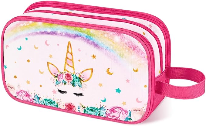 WAWSAM Rainbow Pink Toiletry Bag - Travel Toiletry Bag for Kids Girls Christmas Birthday Gift Camping Toiletry Case Toiletries Makeup Cosmetic Pouch Pink Water-resistant Wash Bag Dopp Kit with Pocket
